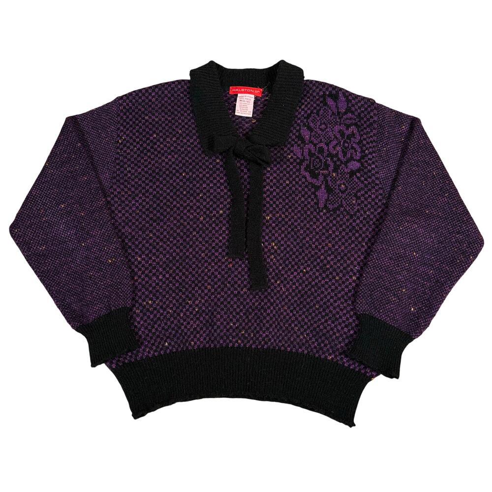 Vintage Halston III Italy Purple Black Floral Bow Sweater 80s Medium Wool Blend